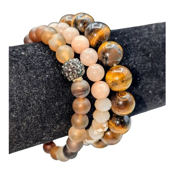 Lot of Three Stone Crystal Brown Pink Stretch Bracelets - Picture 3 of 4